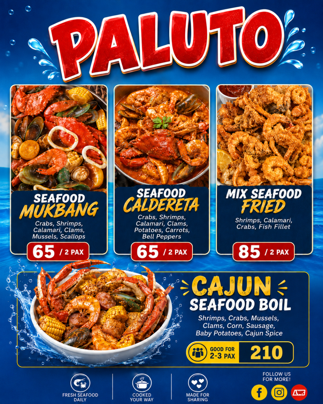 Paluto seafood platters: mukbang, caldereta, fried mix and Cajun boil