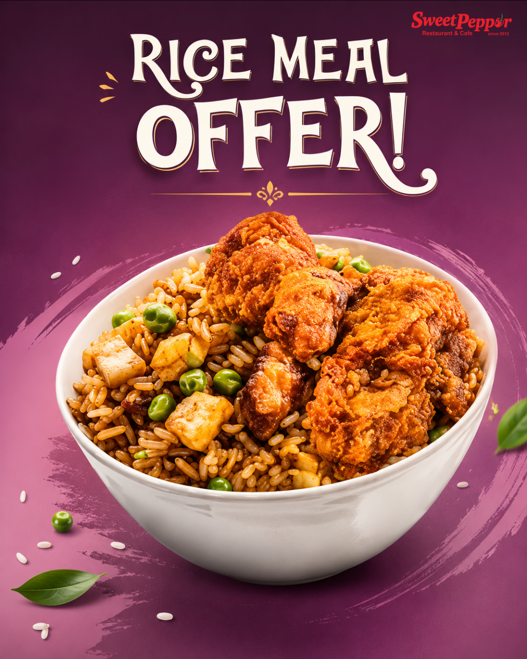 Rice meal offer with fried chicken and yang chow rice