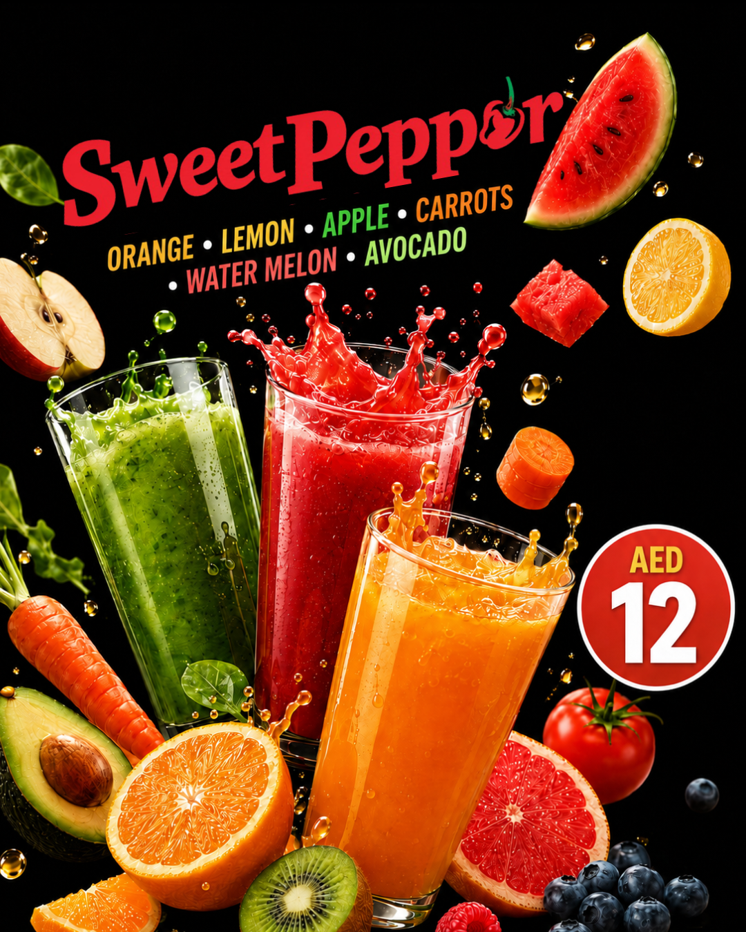 Fresh fruit juices - orange, lemon, apple, carrot, watermelon, avocado