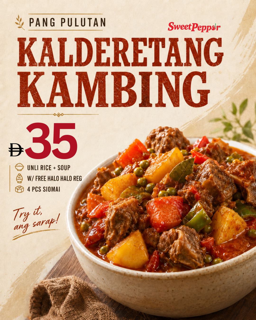 Kalderetang Kambing pang pulutan with unli rice and soup