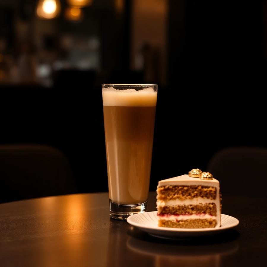 Iced latte and cake slice at Sweet Pepper Cafe in Dubai