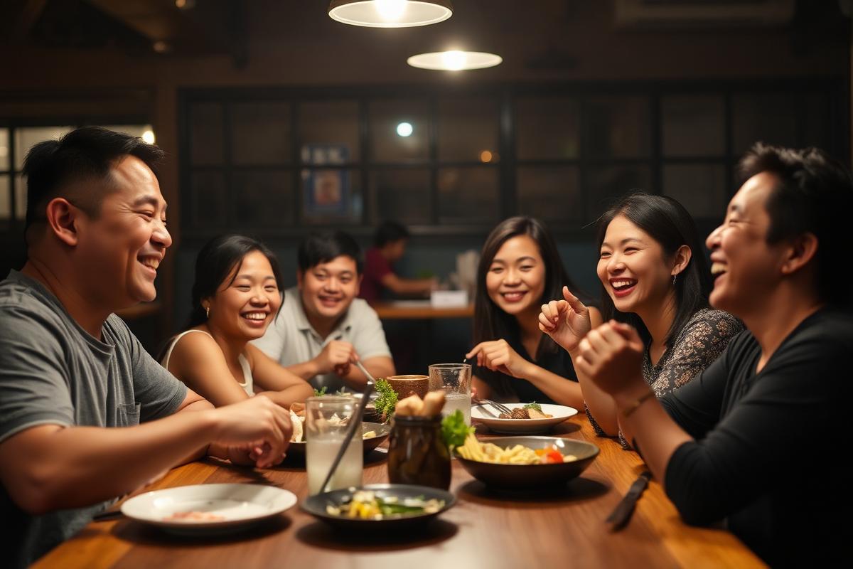 Friends sharing a Filipino meal at Sweet Pepper Restaurant