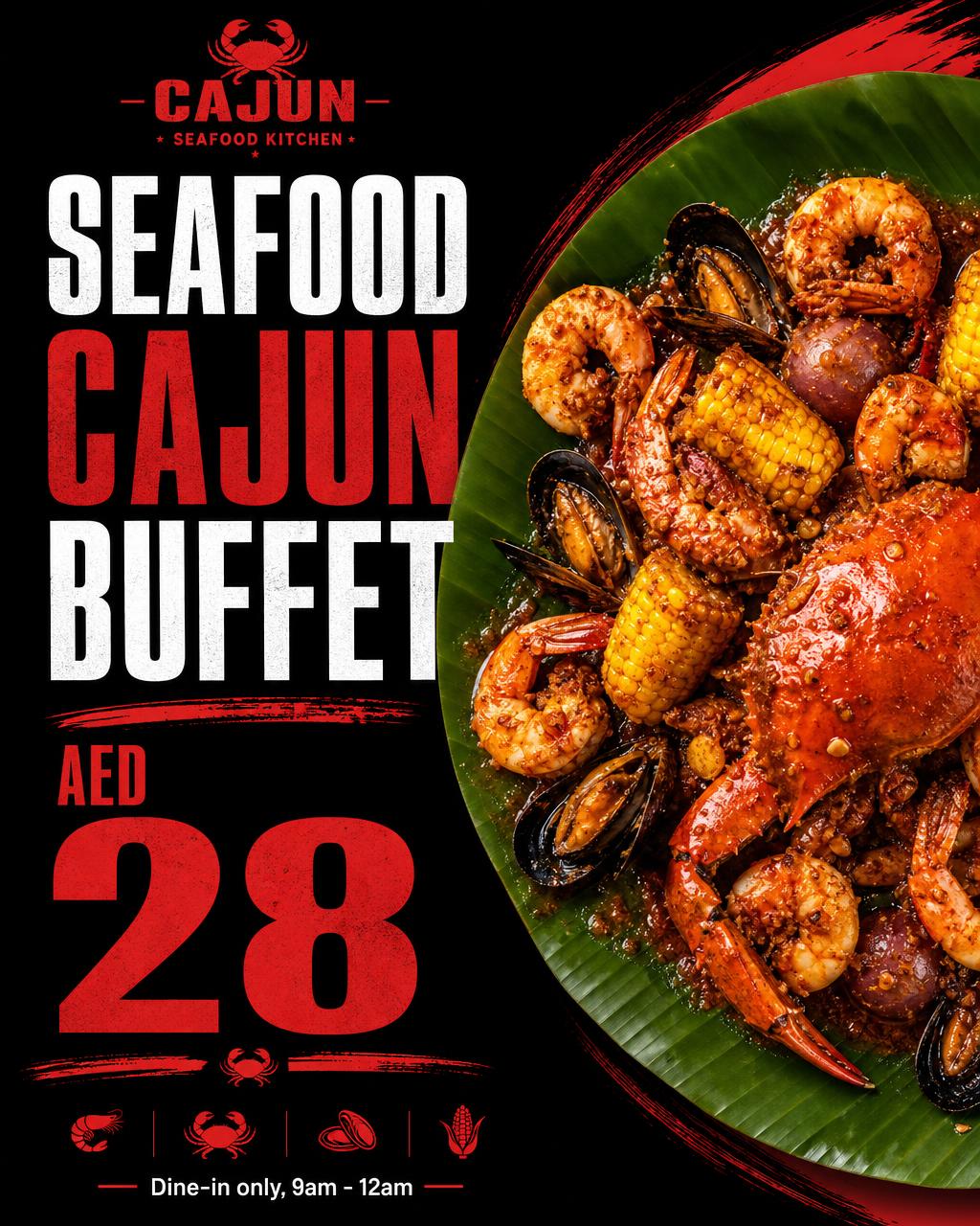 Seafood Cajun Buffet for AED 28, dine-in only, 9am - 12am